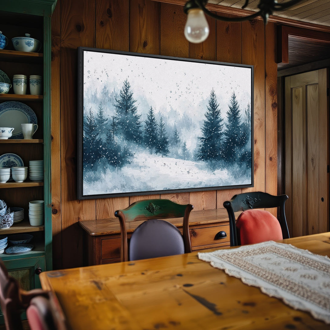 Framed Wall Art: Winter forest scene in blue and white. Watercolor style canvas print adds a touch of nature to your home decor.