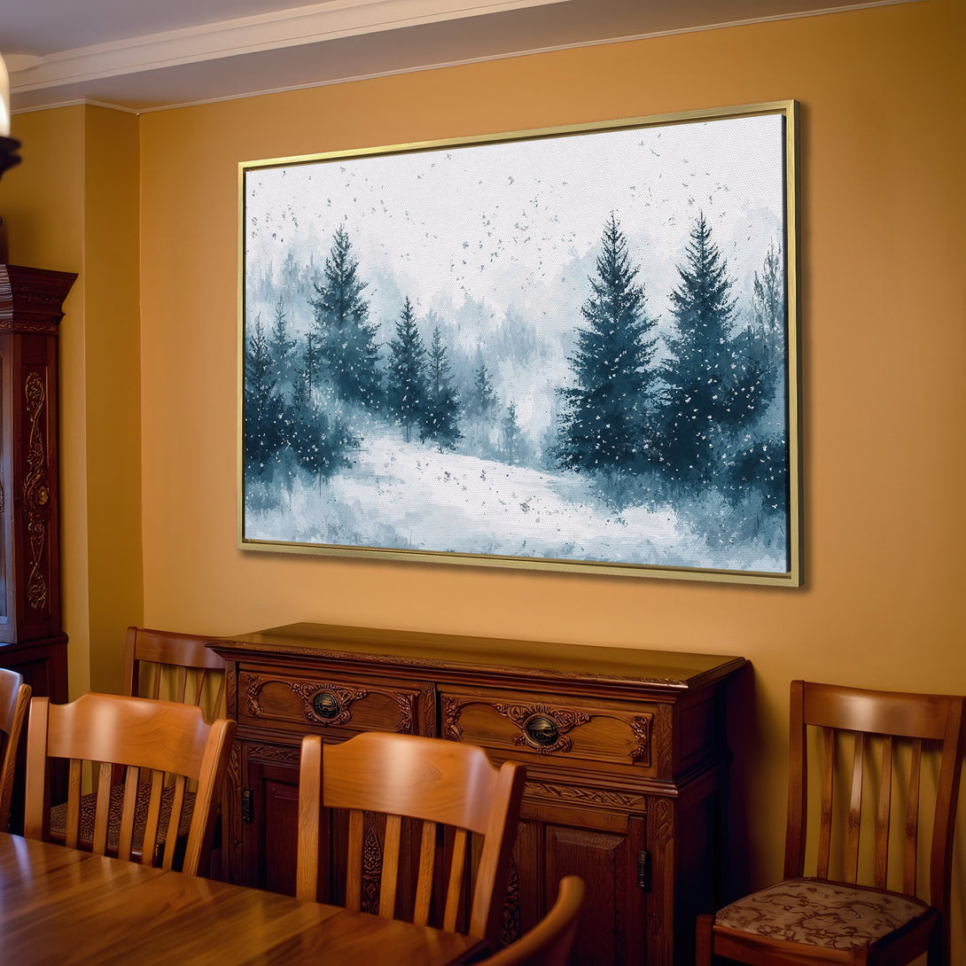 Canvas Print of a winter forest scene in blue and white, adding a touch of serenity to any space.