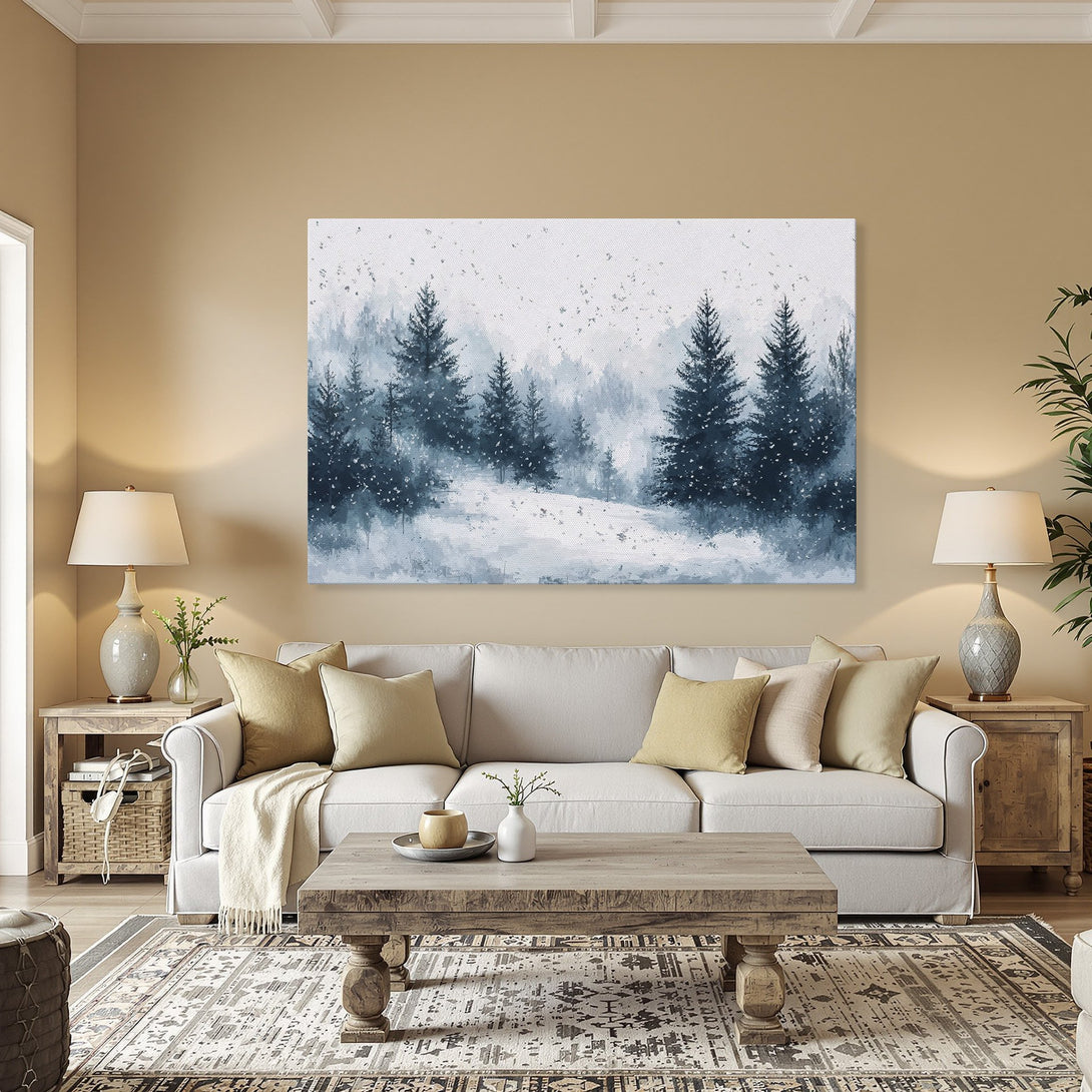 Framed Wall Art: Winter forest scene Canvas Print in blue & white. Perfect for cozy interiors. Shop now for stunning landscape art!