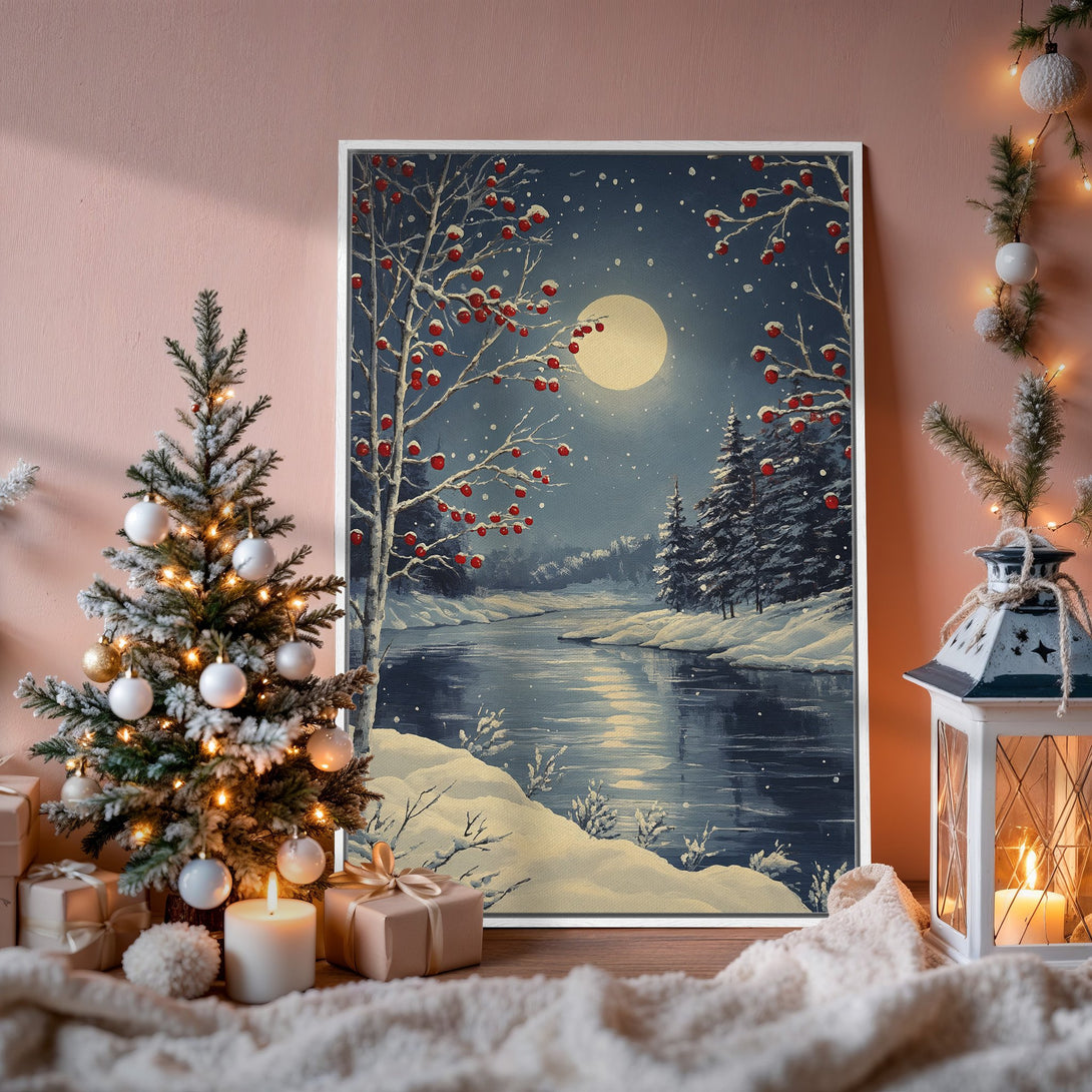 Framed Wall Art: Winter landscape Canvas Print with snowy river scene, blue & white palette, perfect for cozy home decor. Shop now!