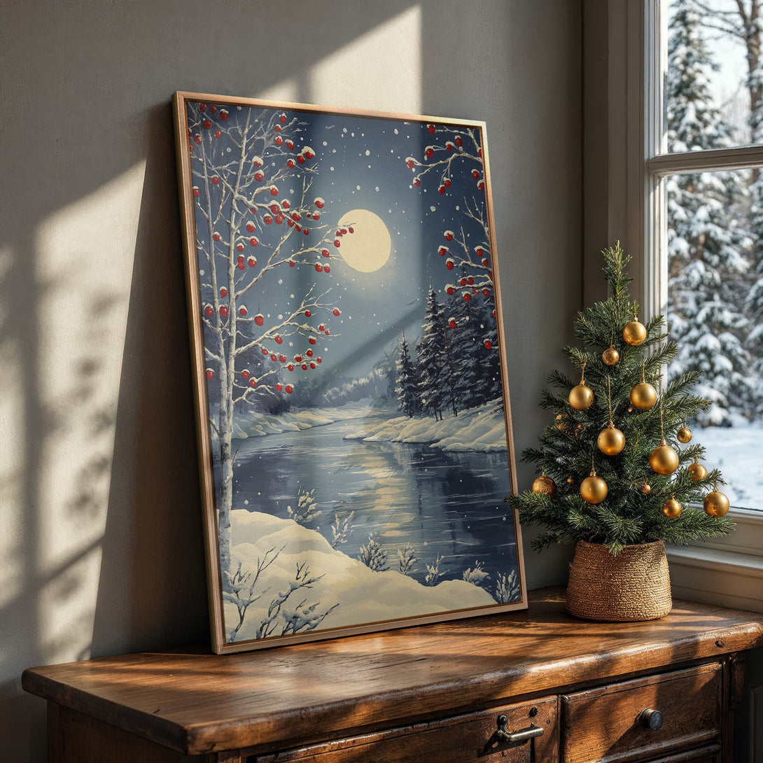 Framed Wall Art: Winter landscape painting with snowy river, trees, and a full moon. Blue, white, and red color palette. Perfect for cozy home decor.