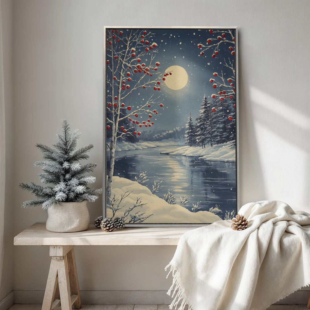 Framed Wall Art: Winter landscape Canvas Print with a serene river scene, snowy trees, and a cool blue and white color palette. Perfect for cozy home decor!
