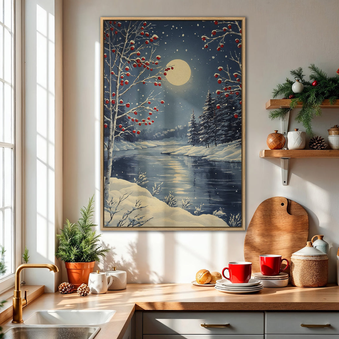 Framed Wall Art: Winter landscape canvas print with snowy trees, river, and moon. Blue, white, and red color palette. Perfect for cozy home decor.