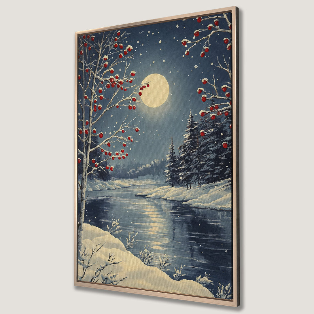 Framed Wall Art: Winter landscape Canvas Print with a serene river scene, snowy trees, and a full moon. Features a cool blue and red color palette.