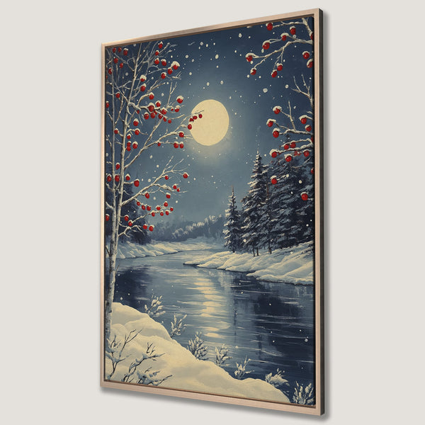 Framed Wall Art: Winter landscape Canvas Print with a serene river scene, snowy trees, and a full moon. Features a cool blue and red color palette.