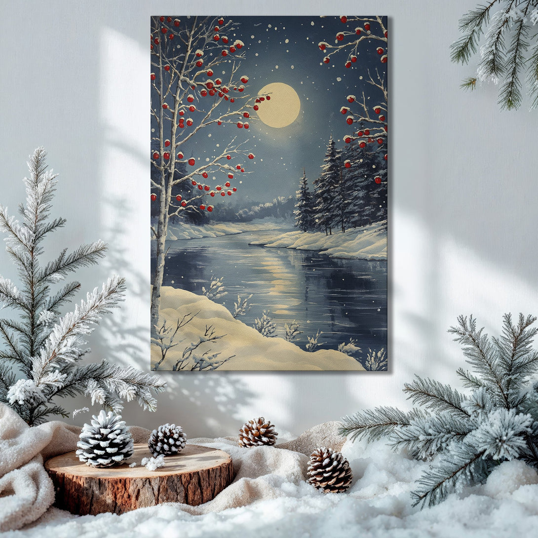 Framed Wall Art: Winter landscape canvas print with a snowy river scene, featuring a blue and white color palette. Perfect for holiday decor.