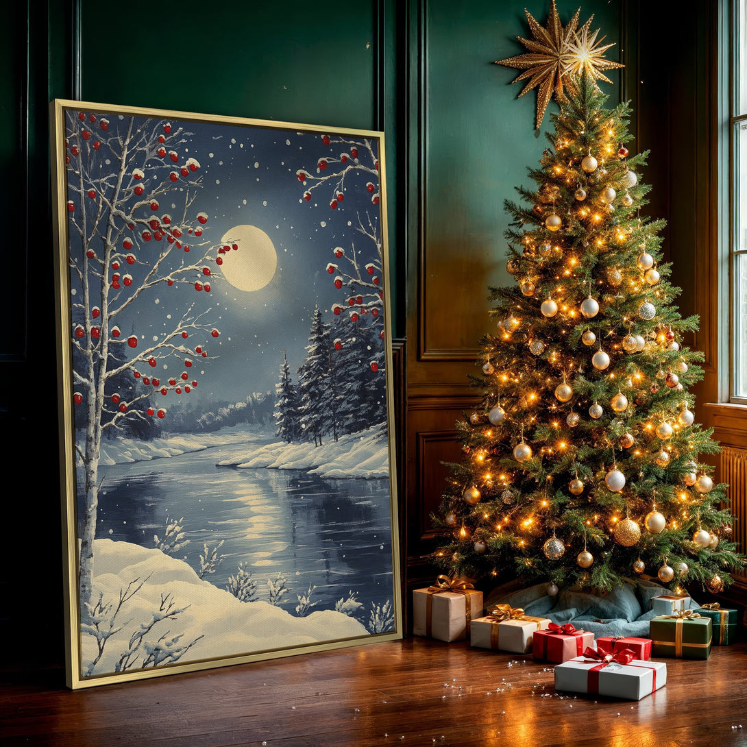 Canvas Print of a winter landscape painting with a full moon, trees, and river. Blue, white, and red color palette, perfect wall art for the holidays.