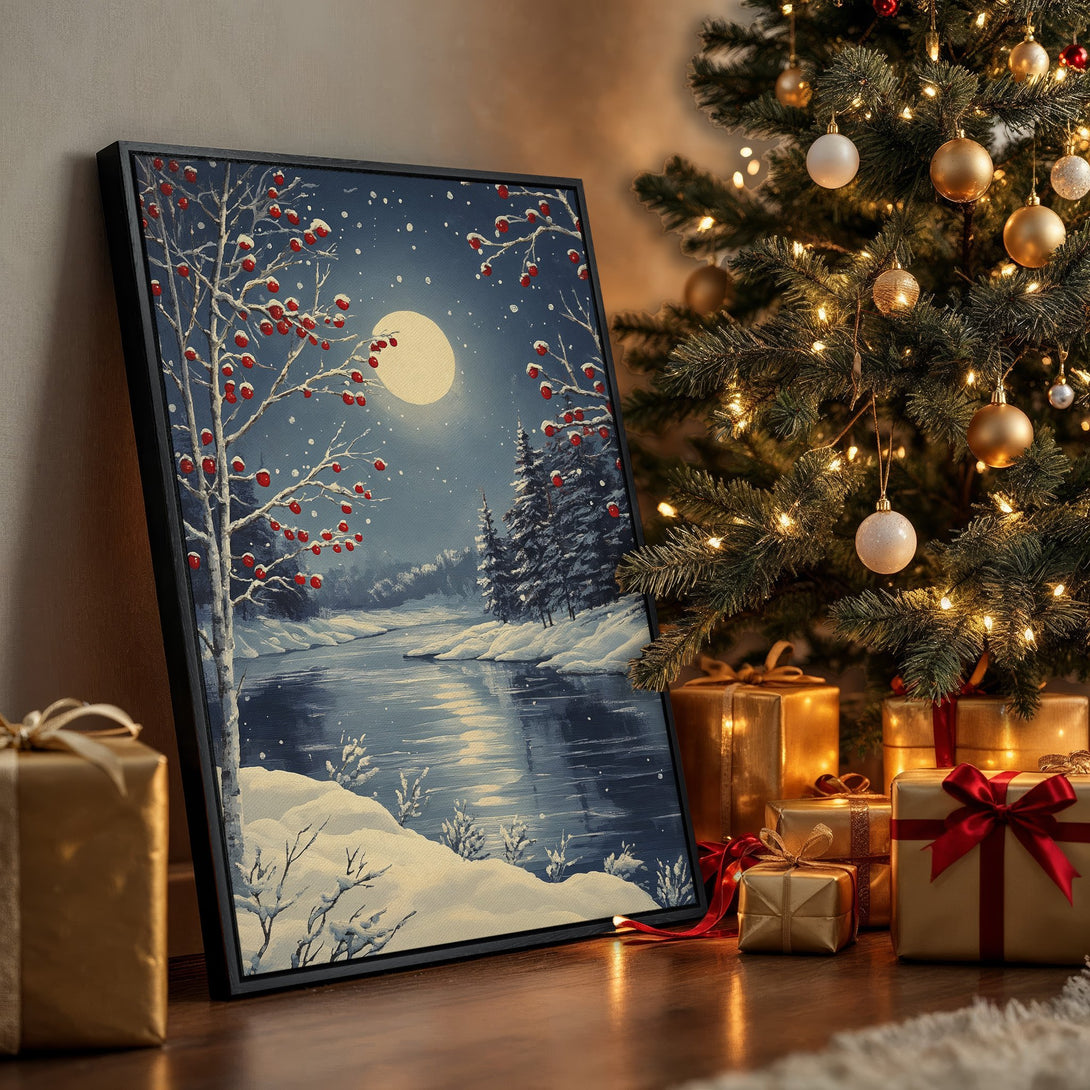 Framed Wall Art: Winter landscape canvas print with a serene moonlit scene. Features a blue and white color palette, perfect for holiday decor.