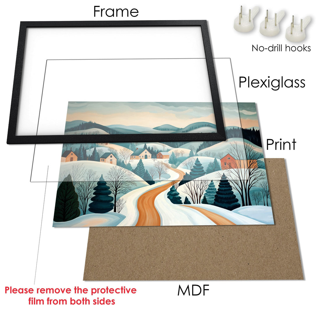 Framed Poster featuring a winter landscape art print in a calming blue and orange palette. Perfect for home decor!