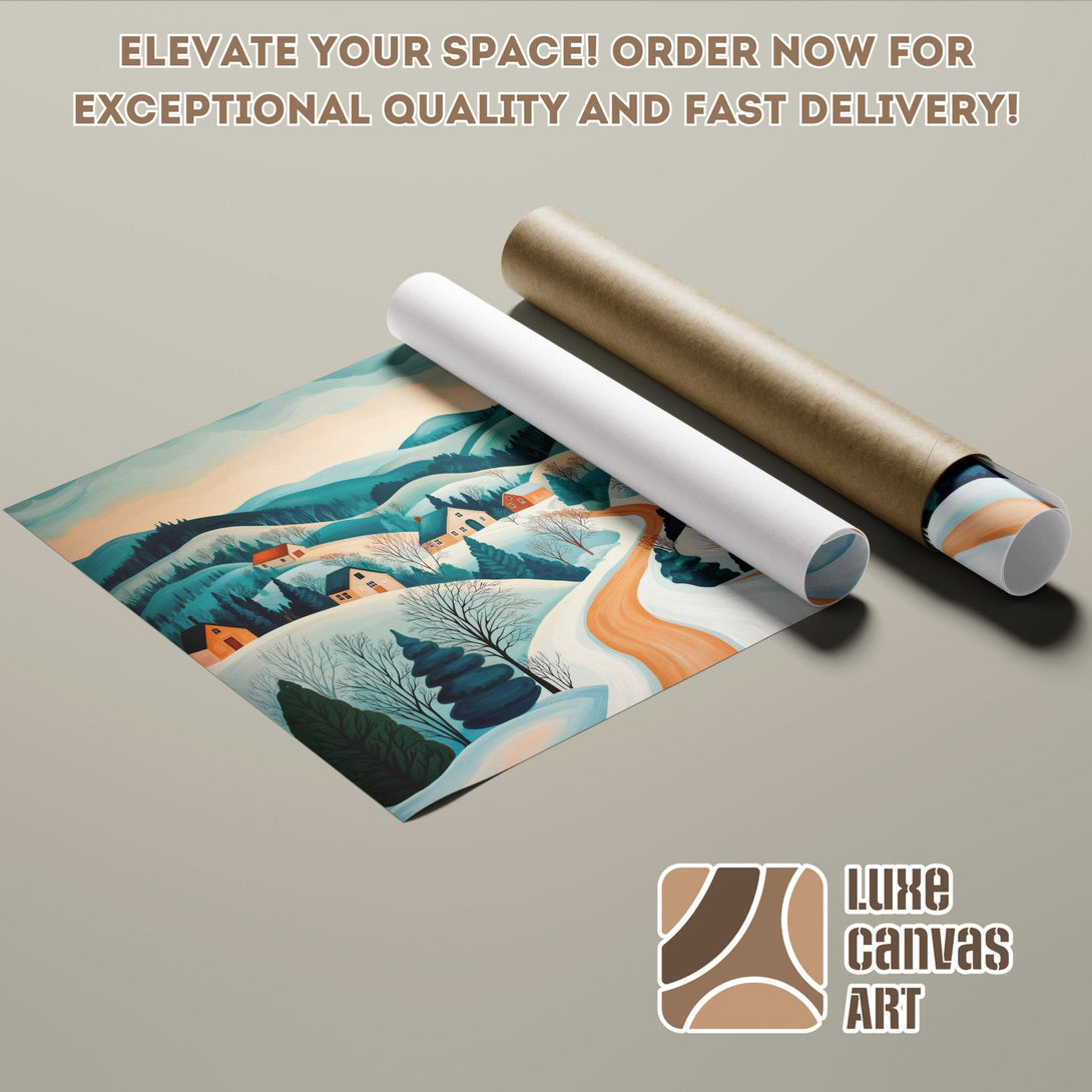 Poster Roll featuring a winter landscape art print in teal and orange tones. Elevate your space!