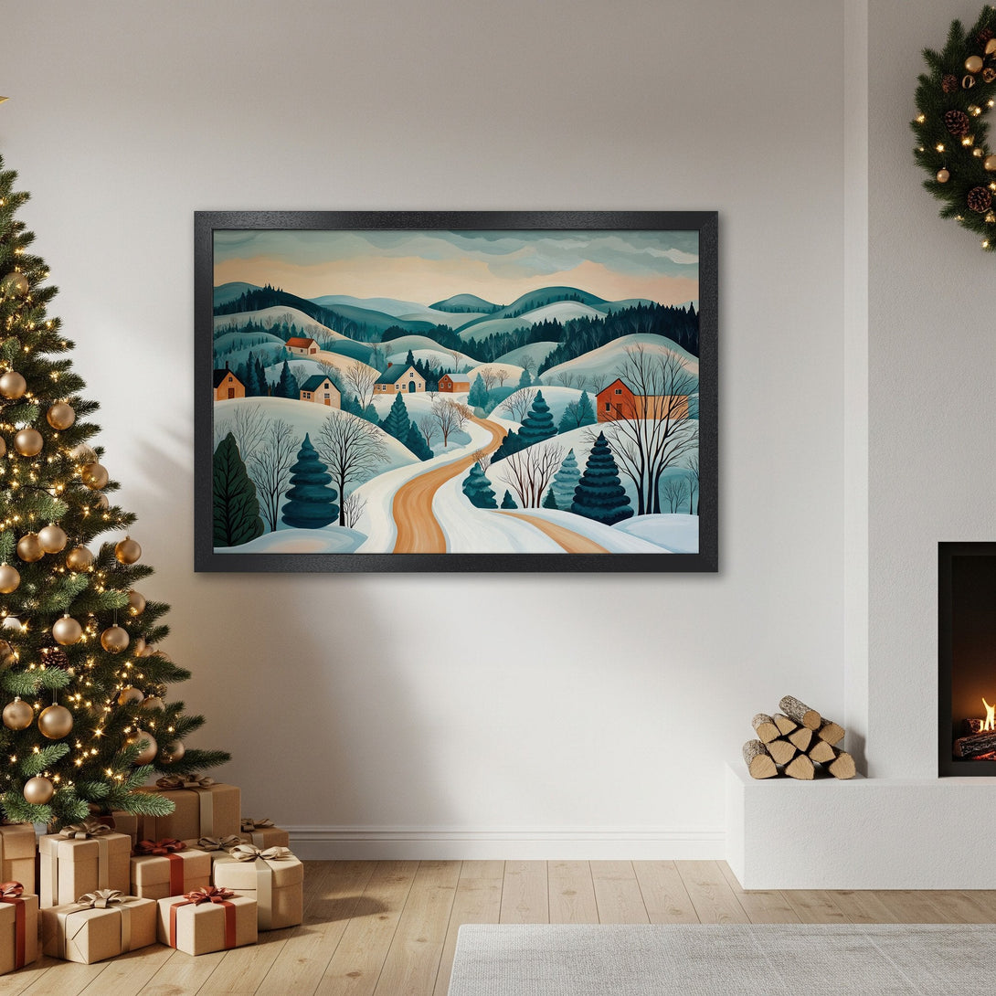 Framed Poster featuring a winter landscape in a whimsical style with blue, green, and orange hues. Perfect wall art for your home!