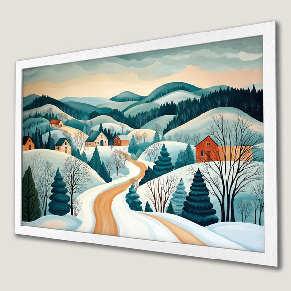Framed Poster featuring a winter landscape with a whimsical style and a cool, muted color palette. Perfect for adding cozy charm to your space!