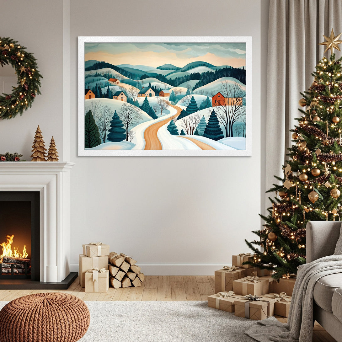 Framed Poster of winter landscape art in blue, orange, and white. Perfect holiday decor!