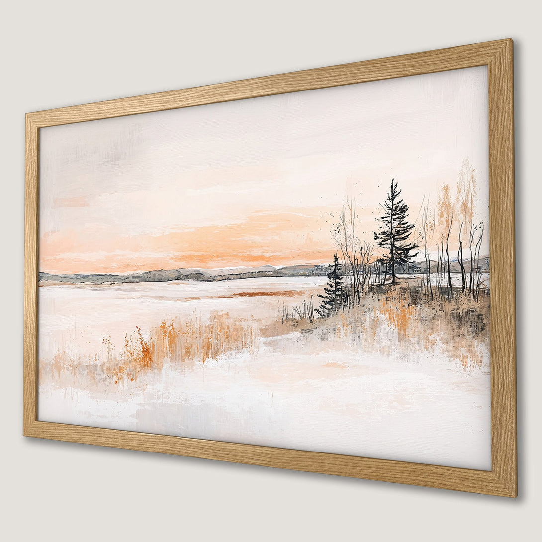 Framed Poster of a serene landscape painting with a warm, neutral color palette. Perfect for adding a touch of nature to your home.