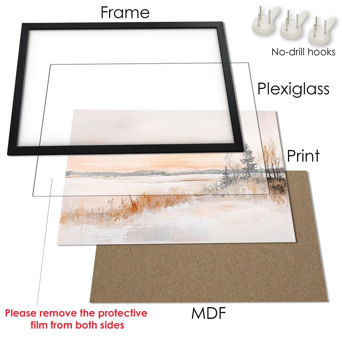 Framed Poster art print featuring a serene landscape scene in neutral tones. Modern style with a warm, earthy color palette.