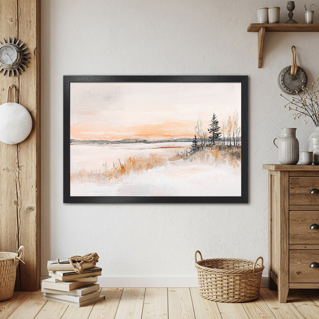 Framed Poster of a serene landscape painting in a neutral color palette. Perfect wall art for a calming home decor.
