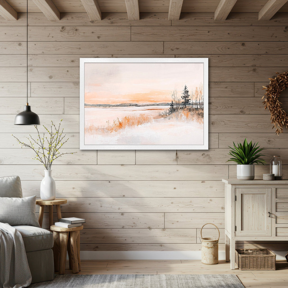 Framed Poster of a serene landscape in watercolor style, featuring a warm, neutral color palette. Perfect for home decor!