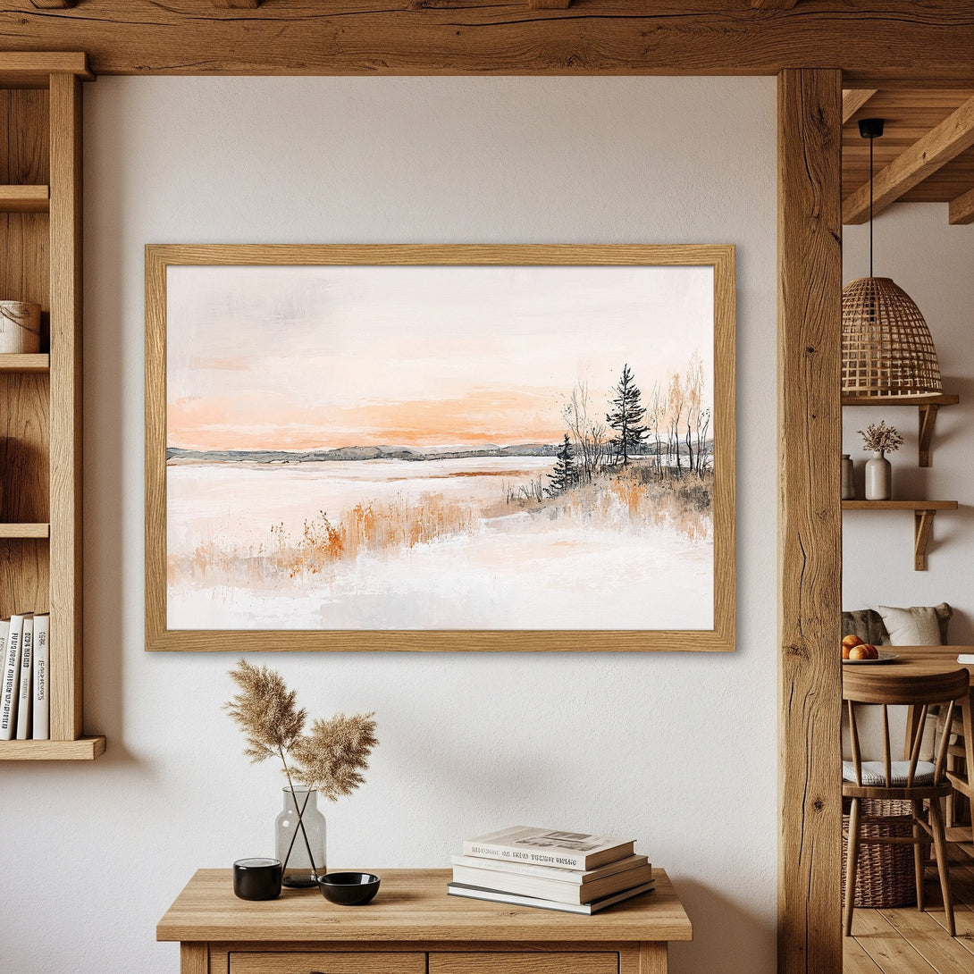 Framed Poster featuring a serene landscape painting in a soft, neutral color palette. Perfect wall art for a calming home.