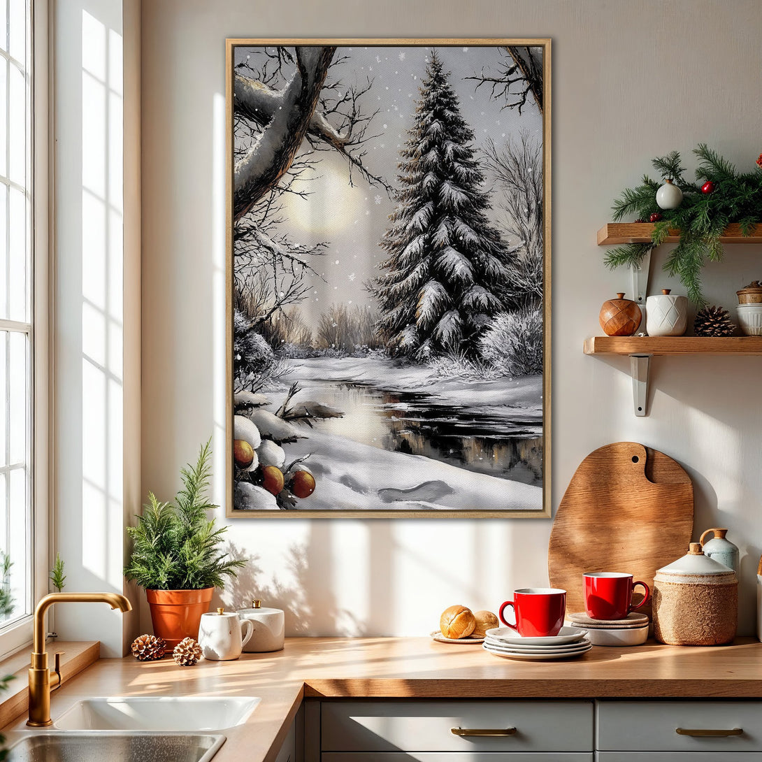Framed Wall Art: Winter landscape canvas print in neutral tones. Serene snowy scene with trees and a river, perfect for cozy home decor.