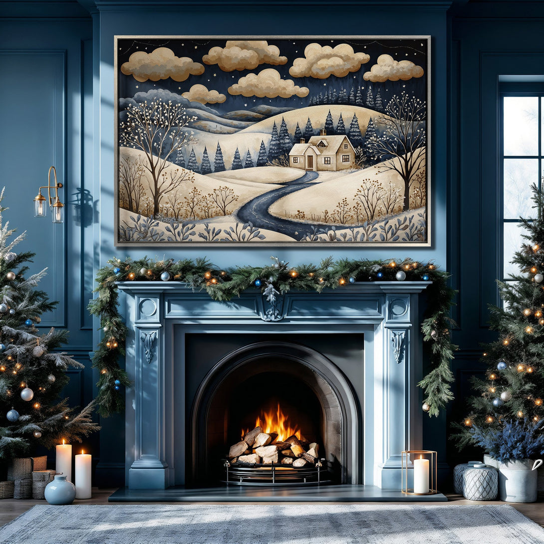 Framed Wall Art featuring a winter landscape in a cozy interior. Watercolor style with a serene blue and beige color palette. Perfect for home decor!