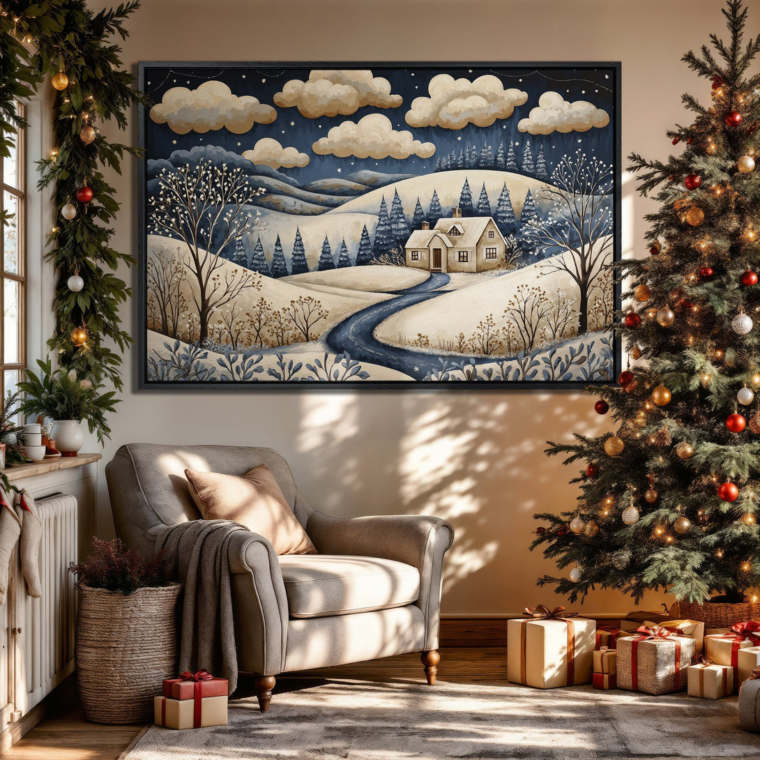 Framed Wall Art: Winter landscape Canvas Print in blue, white, and beige tones. Cozy scene with a house, snow, and trees, perfect for Christmas decor.