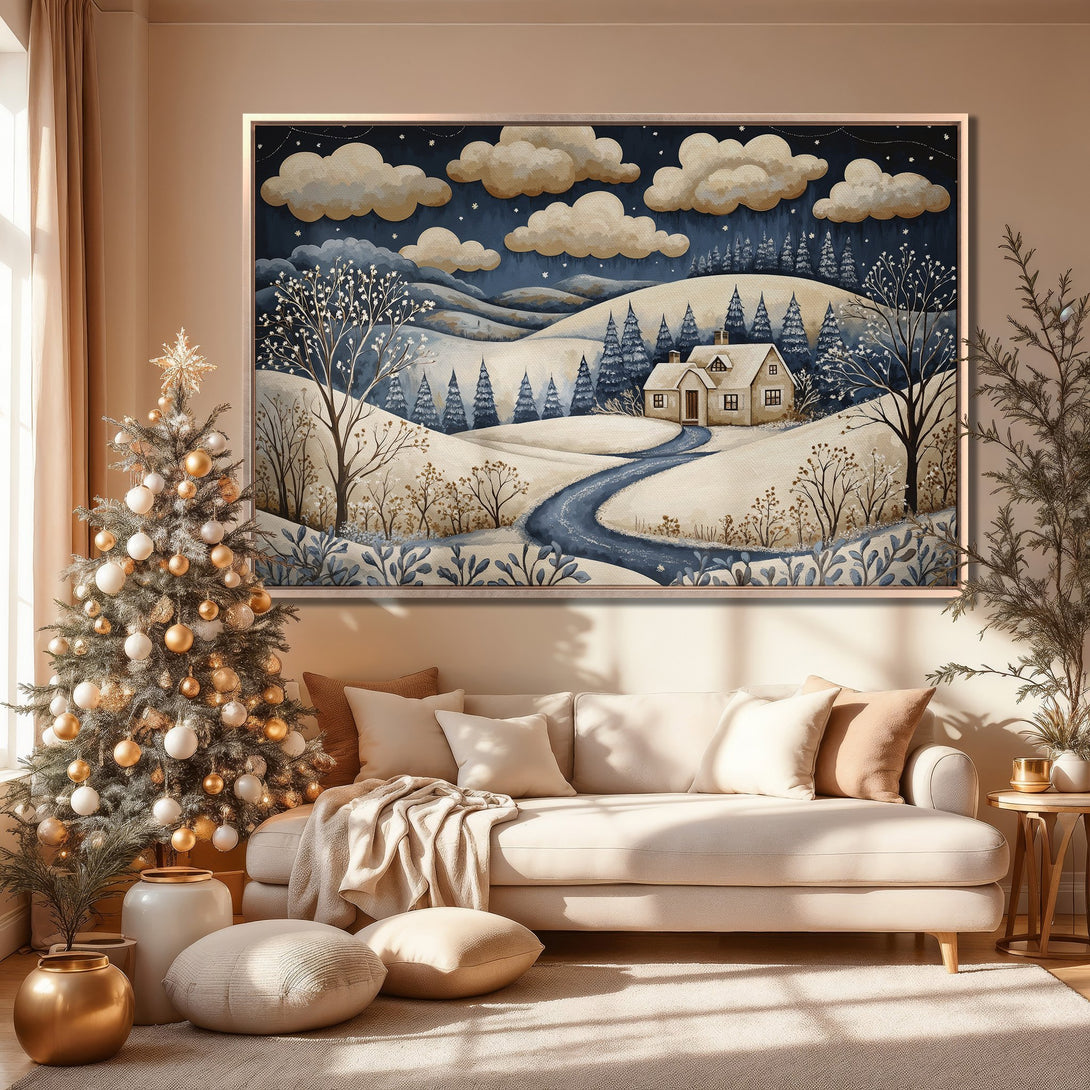 Framed Wall Art: Winter landscape Canvas Print in watercolor style. Features a cozy cabin, snowy scene, and blue & beige color palette. Perfect for holiday decor!
