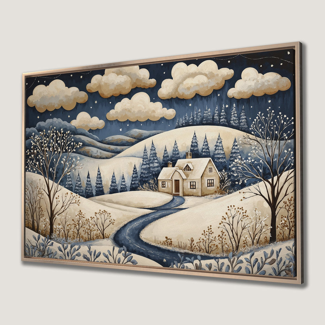 Framed Wall Art: Winter landscape Canvas Print, featuring a cozy cabin, snowy hills, and a serene blue and beige palette. Perfect for home decor.