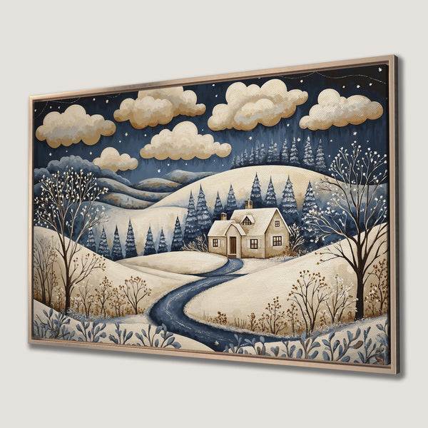 Framed Wall Art: Winter landscape Canvas Print, featuring a cozy cabin, snowy hills, and a serene blue and beige palette. Perfect for home decor.