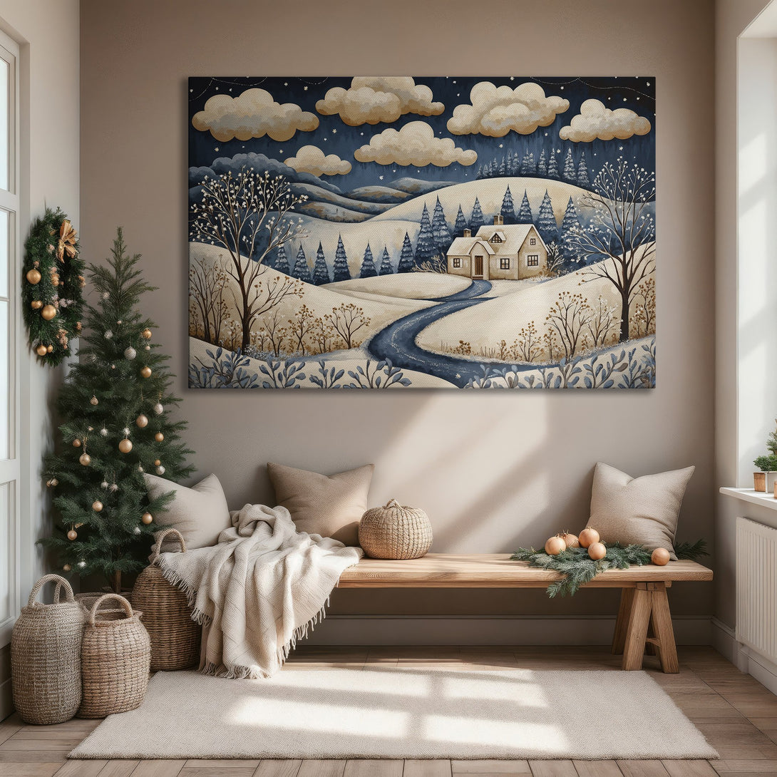 Framed Wall Art: Winter landscape Canvas Print with a cozy cabin, featuring a blue and beige color palette, perfect for adding warmth to your home.