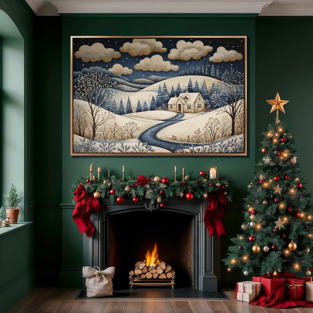Framed Wall Art: Winter landscape Canvas Print in a cozy interior. Features a serene watercolor scene with blue, beige, and white tones, perfect for holiday decor.