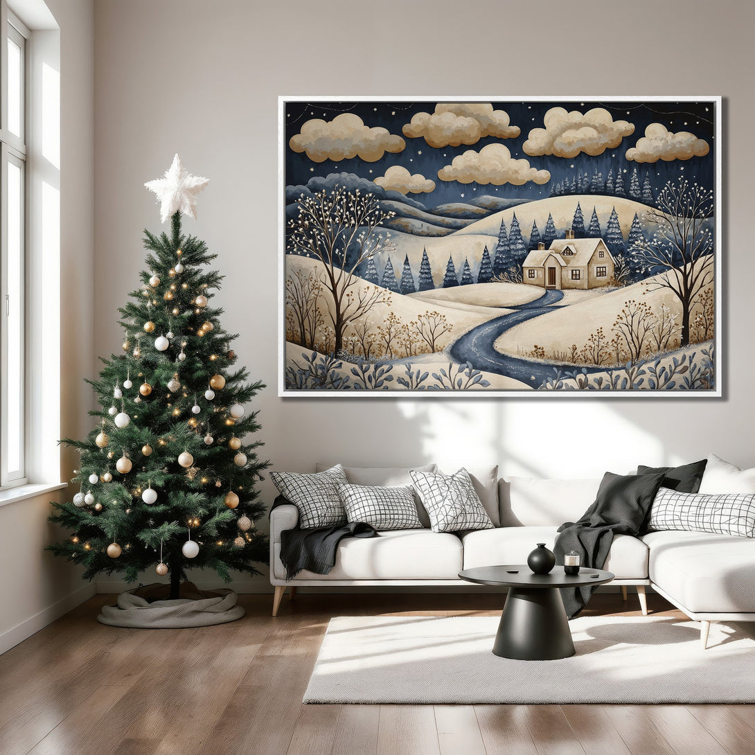 Framed Wall Art: Winter landscape Canvas Print in blue & beige. Watercolor style artwork of a snowy scene, perfect for cozy home decor.