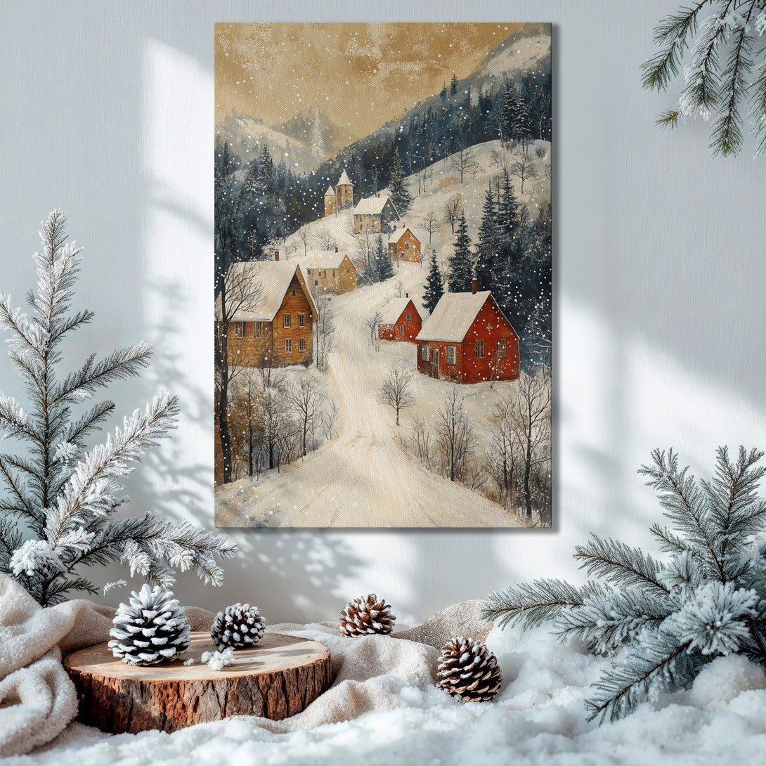Framed Wall Art: Winter landscape canvas print with red houses and snow, warm color palette, perfect for holiday decor.