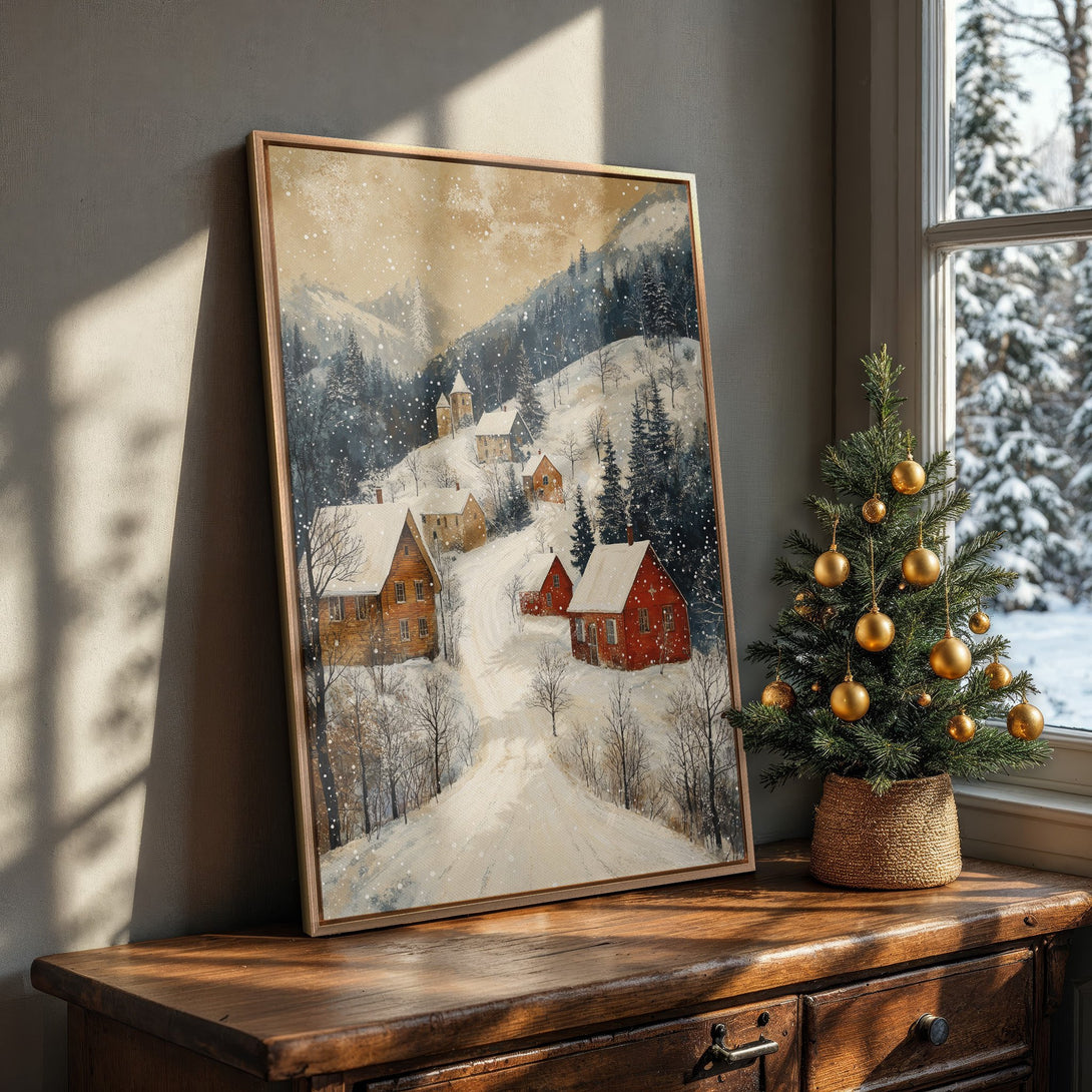Framed Wall Art: Winter landscape Canvas Print with snowy village scene in warm, rustic tones. Perfect for cozy home decor.