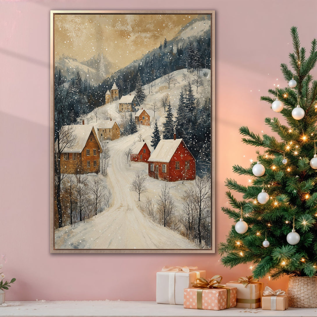 Framed Wall Art of a snowy village scene in a warm, inviting color palette. Perfect holiday decor for your home!