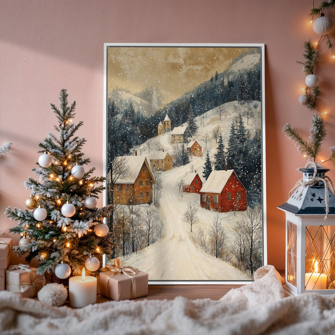 Framed Wall Art: Winter village scene in watercolor style, featuring snowy landscape, warm red & brown hues, perfect for cozy holiday decor.