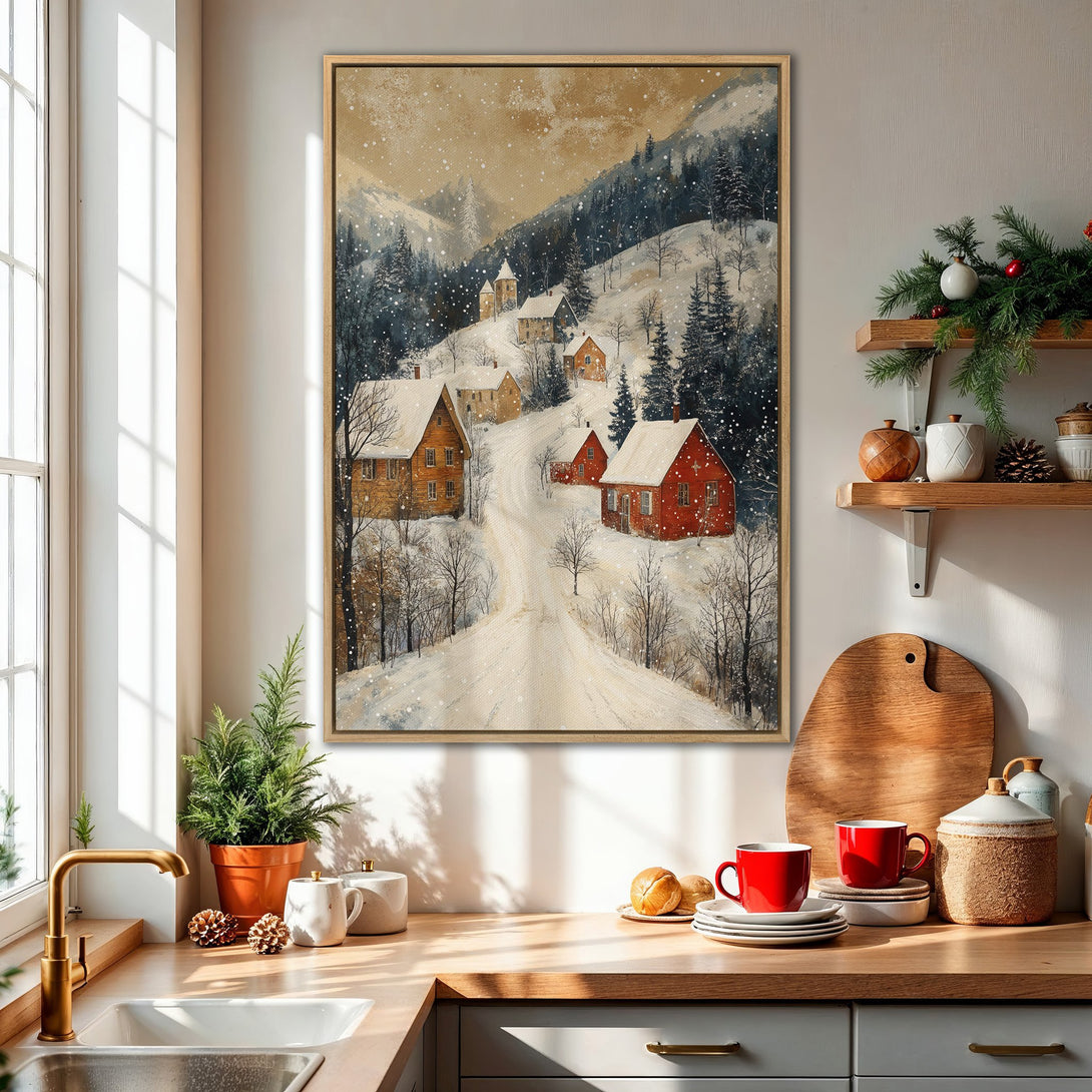 Framed Wall Art: Winter landscape Canvas Print featuring snow-covered village with warm, rustic homes. Earthy tones and cozy aesthetic perfect for home decor.