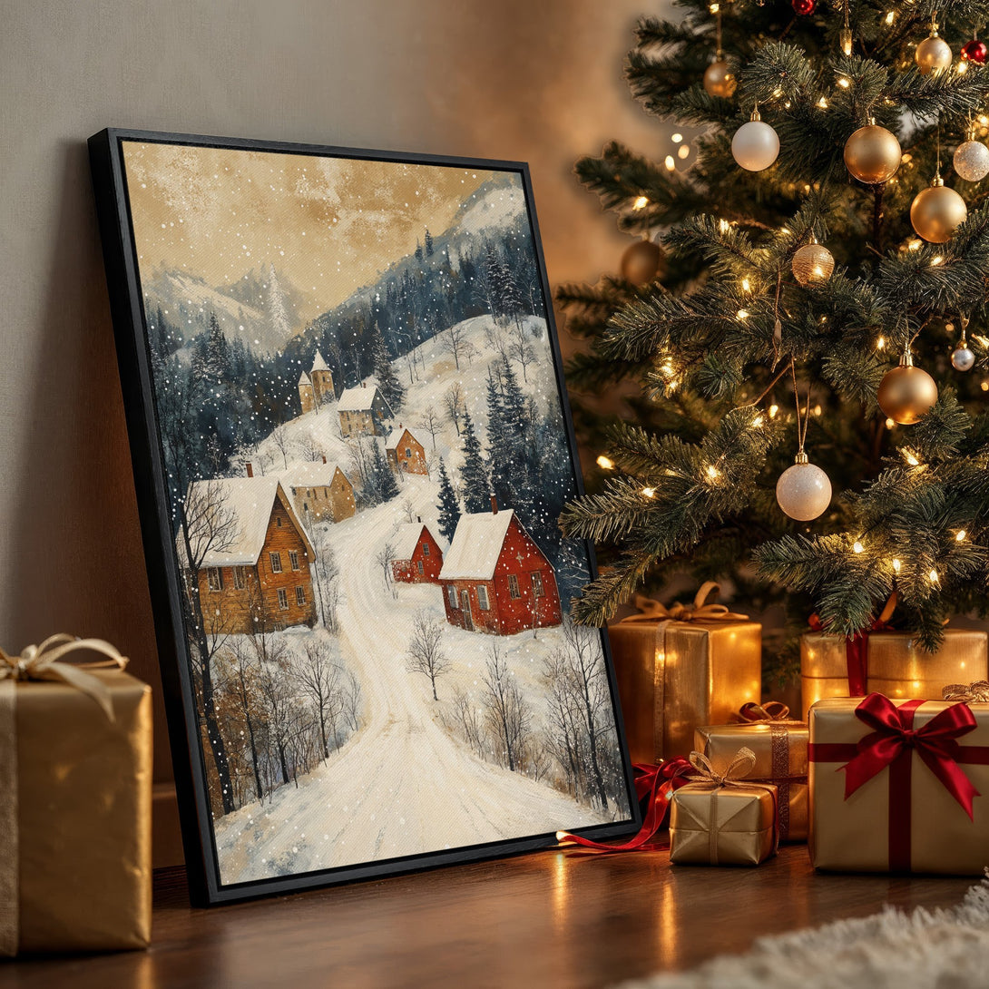 Framed Wall Art: Winter village scene in warm tones. Cozy, rustic style canvas print with snow-covered houses and a snowy road. Perfect holiday decor!