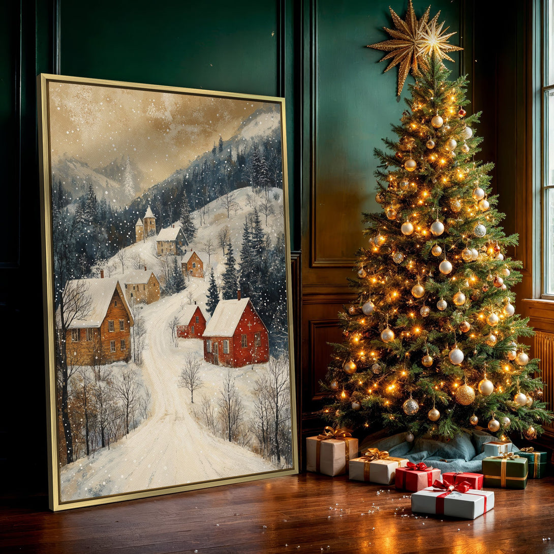 Canvas Print of a snowy winter village scene. Rustic art with warm red and gold tones. Perfect for cozy home decor.