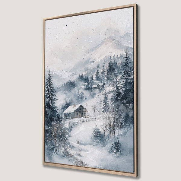 Framed Wall Art: Watercolor winter landscape Canvas Print featuring a cozy cabin in a snowy forest. Blue and white color palette, perfect for home decor.