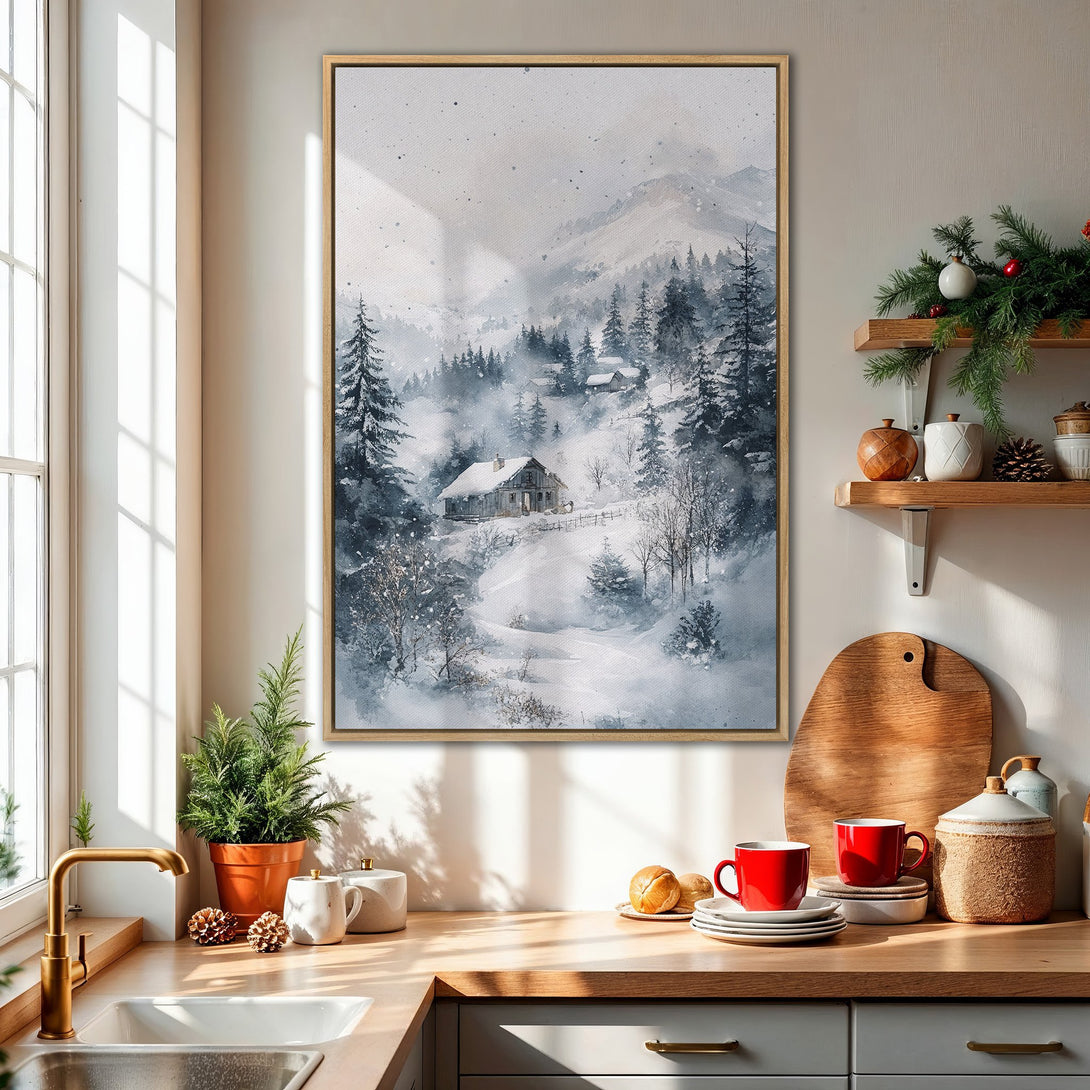 Framed Wall Art: Watercolor winter landscape in blue and gray tones. Cozy cabin scene perfect for adding a touch of serenity to your home decor.