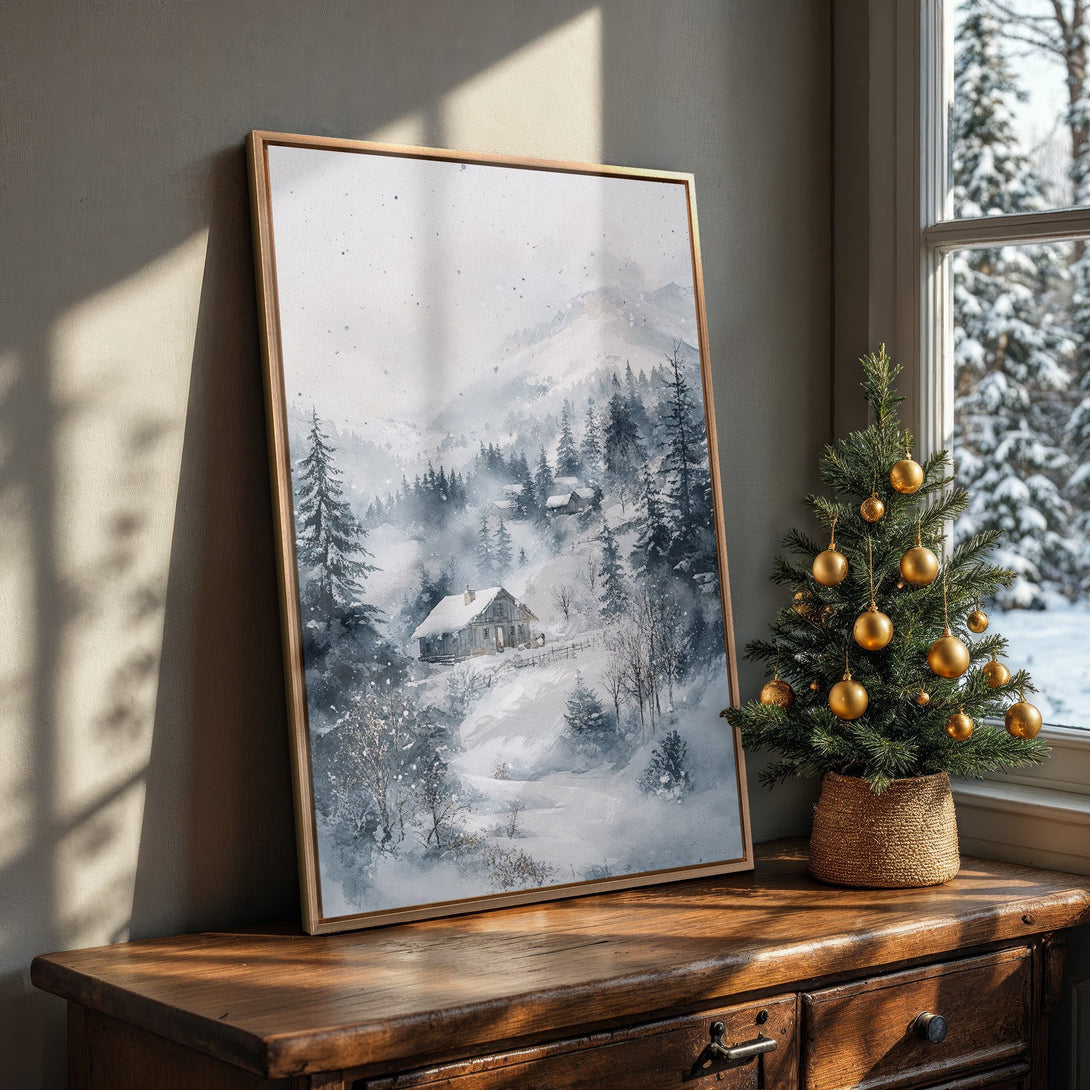 Framed Wall Art: Winter landscape Canvas Print in watercolor style, featuring a snowy cabin and forest. Soft blue and gray color palette, perfect for cozy decor.