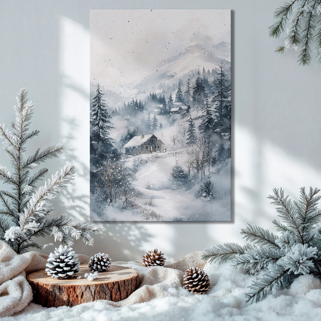 Framed Wall Art: Winter landscape canvas print. Watercolor style, cool blue & gray tones. Cozy cabin scene perfect for holiday decor.