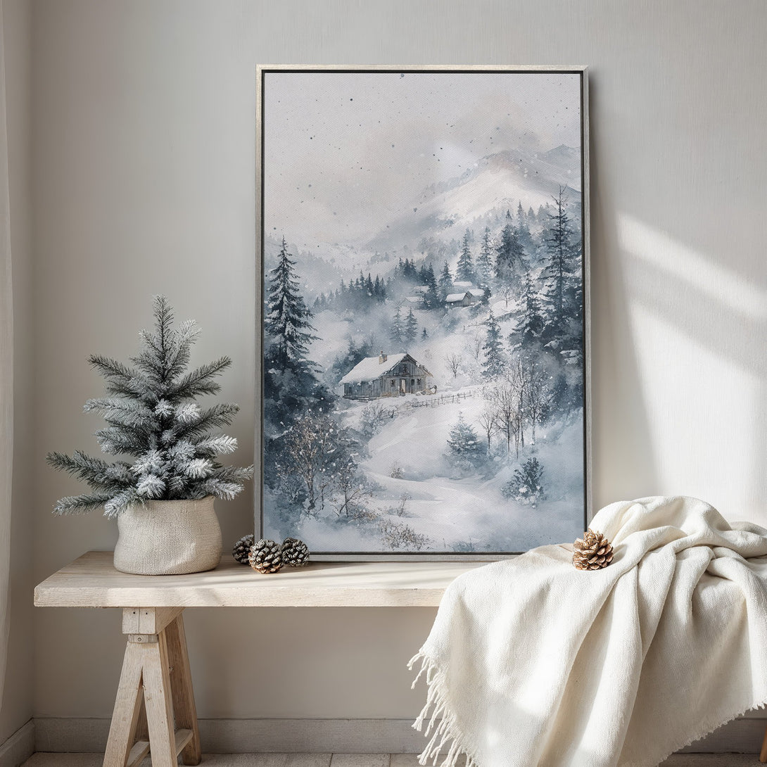 Framed Wall Art: Watercolor winter landscape in cool blue and gray tones. Perfect for cozy cabin decor. Shop now for stunning wall art!