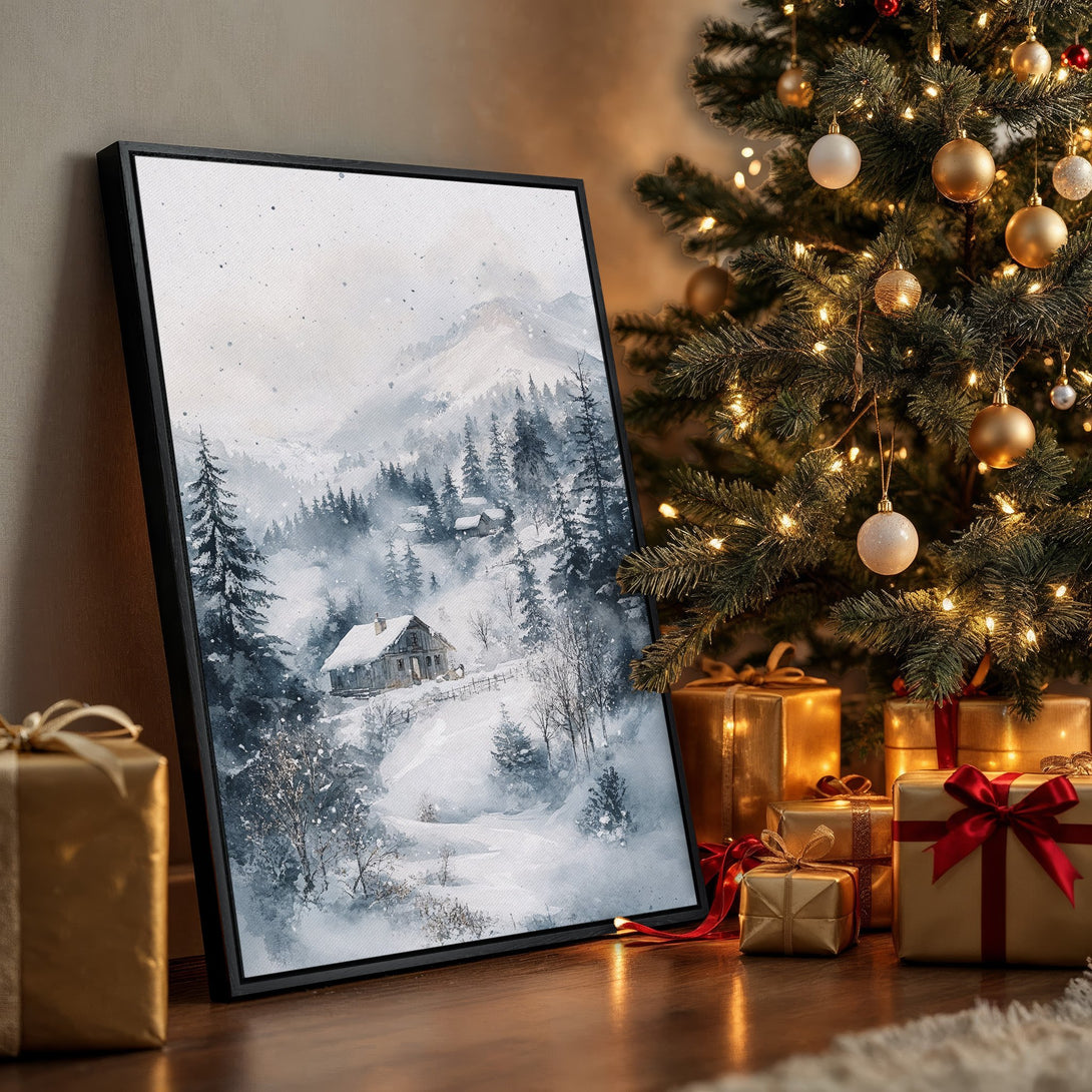 Framed Wall Art: Winter landscape watercolor print in blue and gray tones. Perfect holiday decor for a cozy, rustic feel. Shop now!