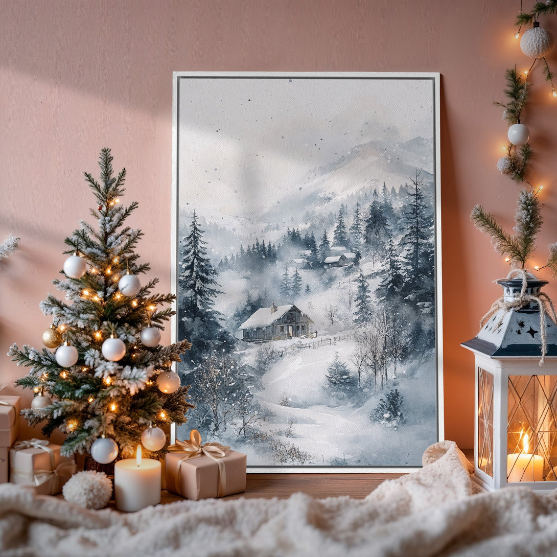 Framed Wall Art: Winter landscape Canvas Print in cool blue and gray tones. Perfect for cozy home decor, adding a touch of serenity to your space.
