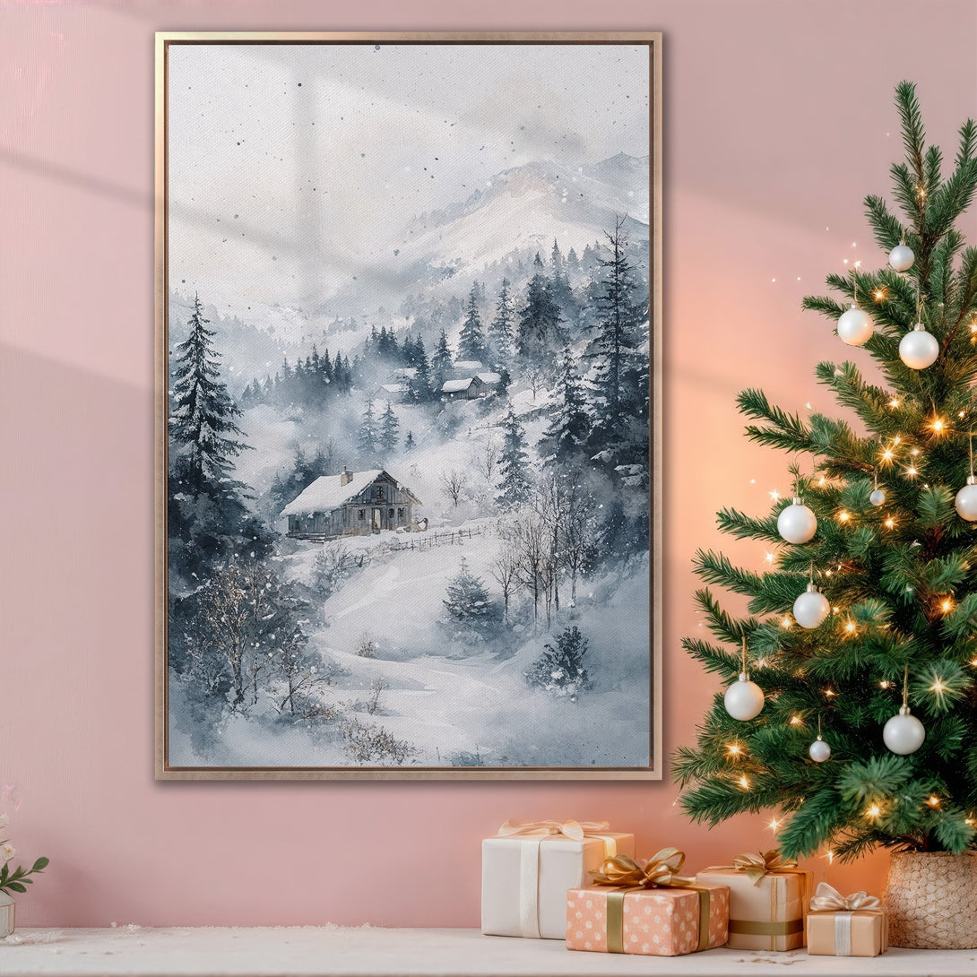 Framed Wall Art: Watercolor winter landscape in blue and gray tones. Cozy cabin scene perfect for holiday decor. Add a touch of serenity to your space.