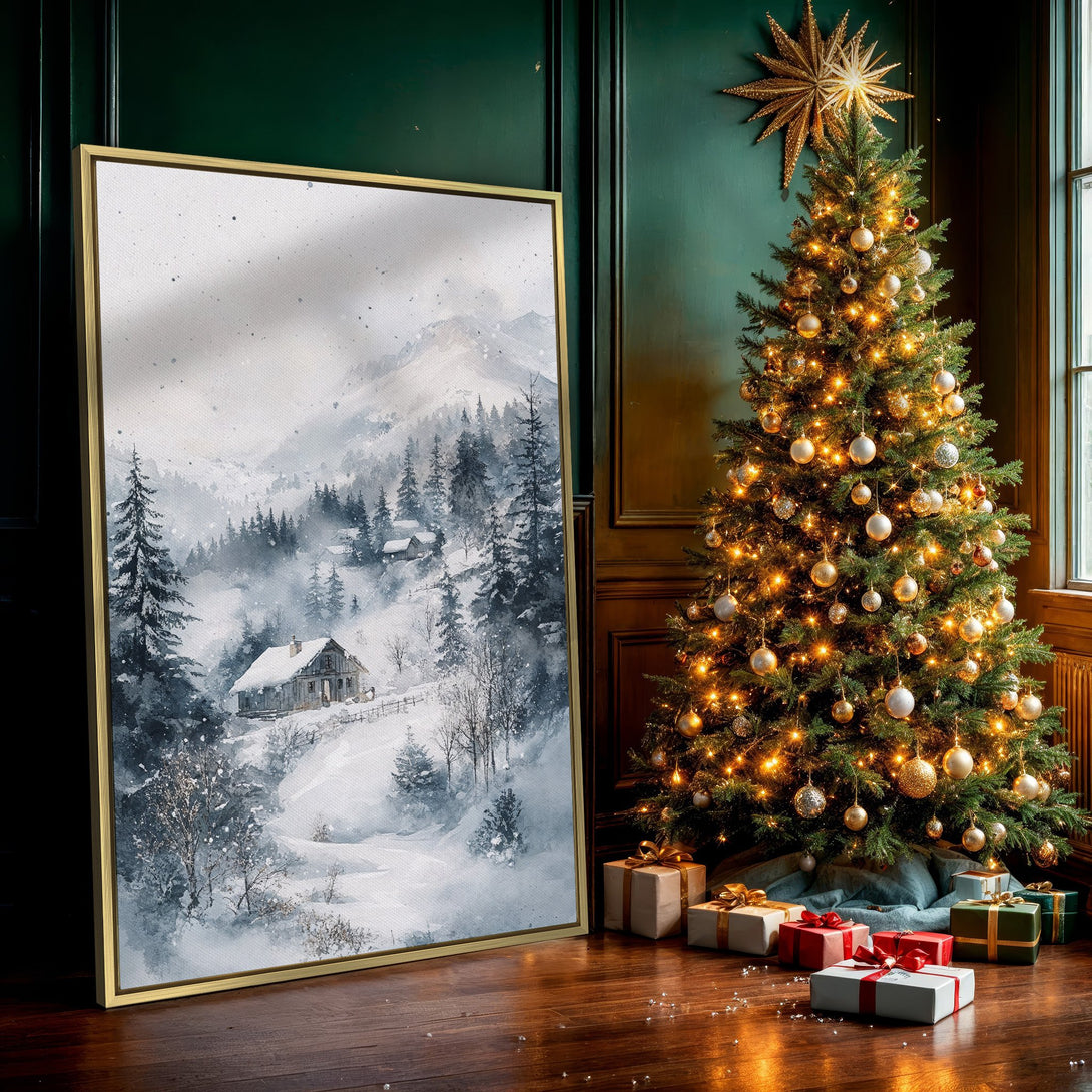 Canvas Print: Watercolor winter landscape in blue and gray tones, perfect for cozy home decor. Featuring a snowy cabin scene.