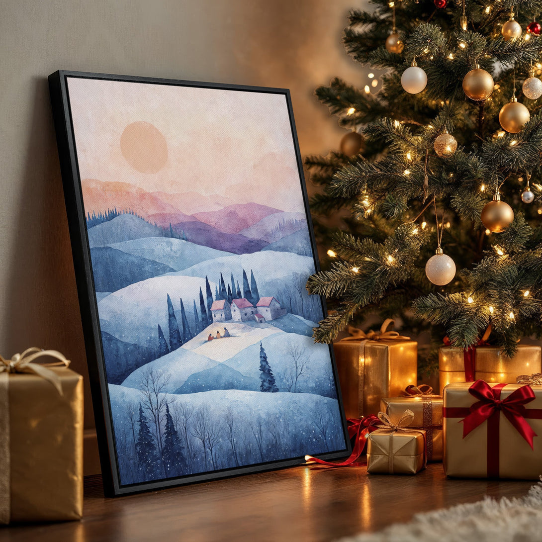 Framed Wall Art: Watercolor landscape print with a wintery scene in blue, purple, and peach tones. Perfect for cozy home decor!