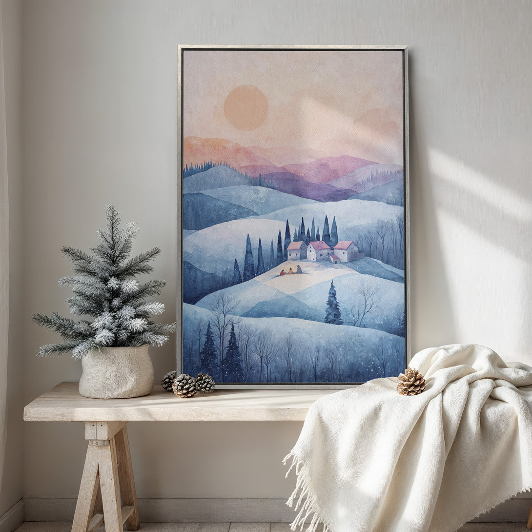 Framed Wall Art: Watercolor landscape Canvas Print in blue and purple hues. Perfect for cozy winter decor.
