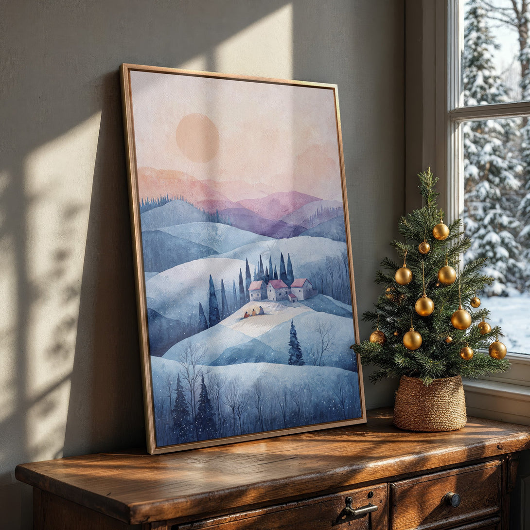 Framed Wall Art featuring a watercolor winter landscape in blue and pink hues, perfect for cozy home decor.